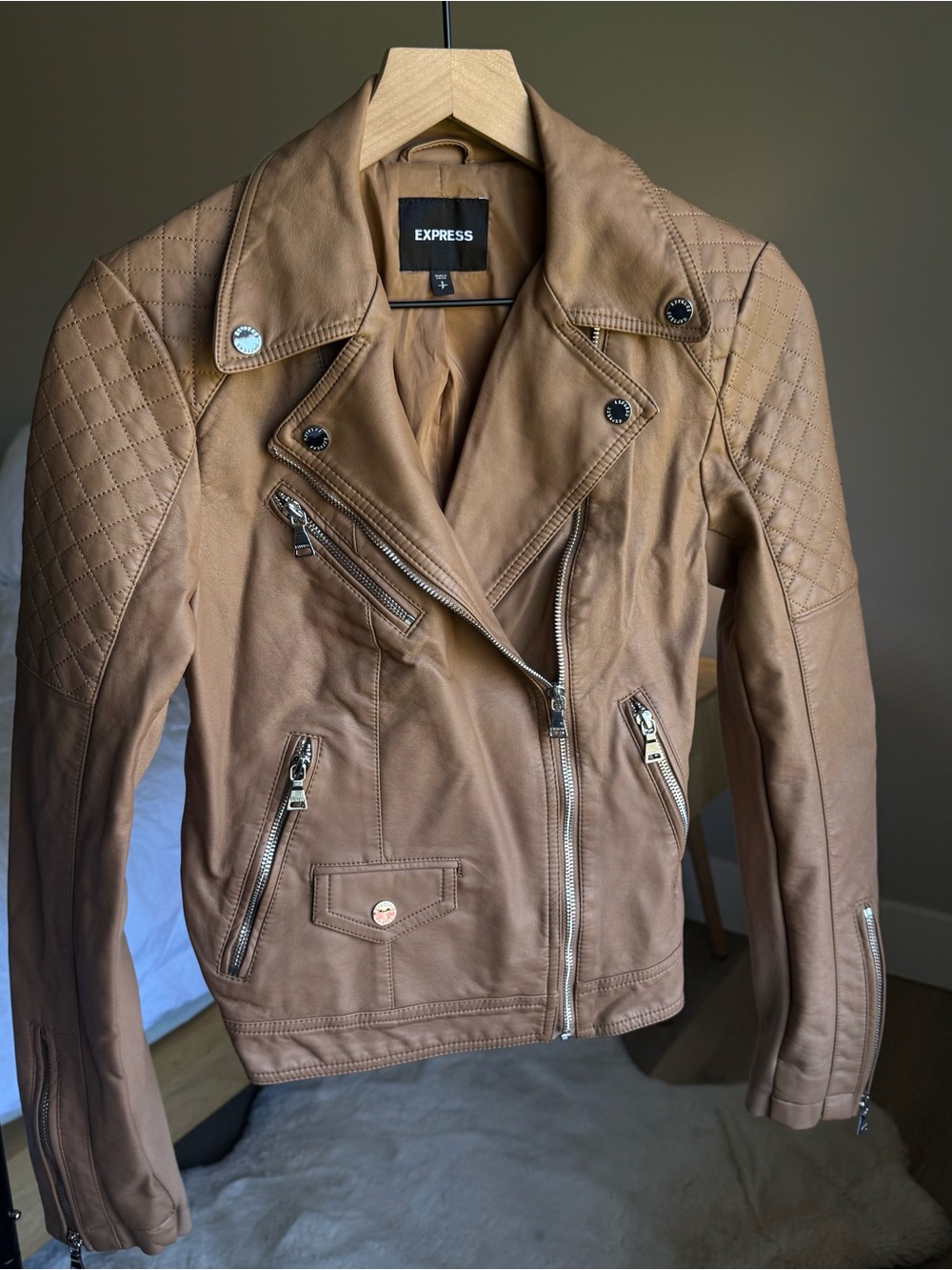 Express Women's Camel Brown Leather Moto Jacket